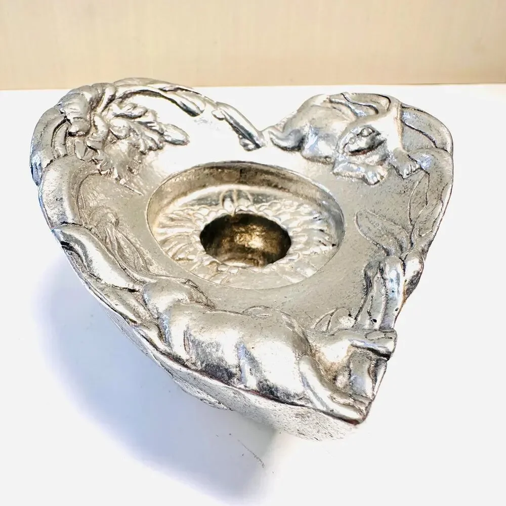 Vintage Arthur Court Heart Pewter Tapered Candlestick Holder Bunny Rabbit